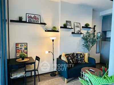 Stylish modern living room with cozy sofa and decorative shelves