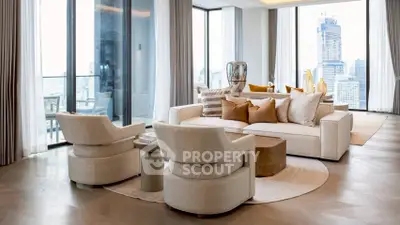 Luxurious modern living room with panoramic city views and elegant furnishings.