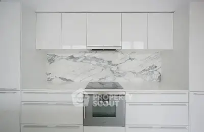 Modern kitchen with sleek white cabinetry and marble backsplash