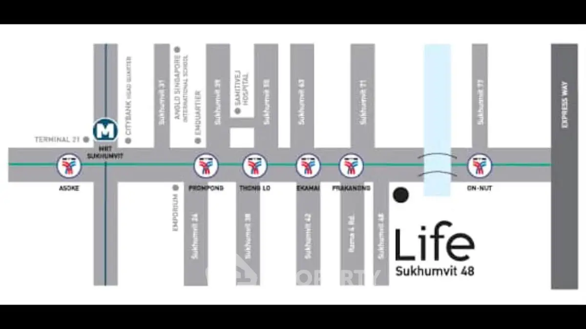 Map showing Life Sukhumvit 48 location near public transport and amenities.