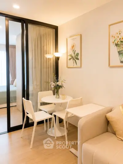 Chic modern living room with cozy dining area and elegant decor
