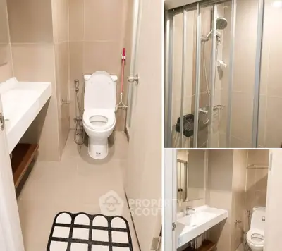 Modern bathroom with sleek fixtures and spacious shower in contemporary apartment.