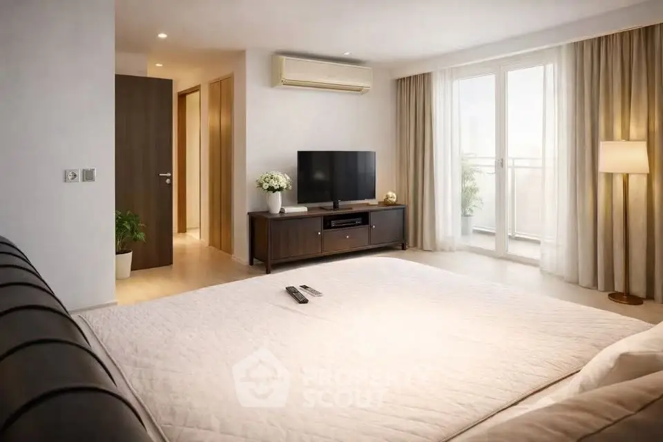 Spacious bedroom with modern decor and balcony access