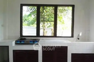Bright kitchen with large window and gas stove, offering a serene view of greenery.