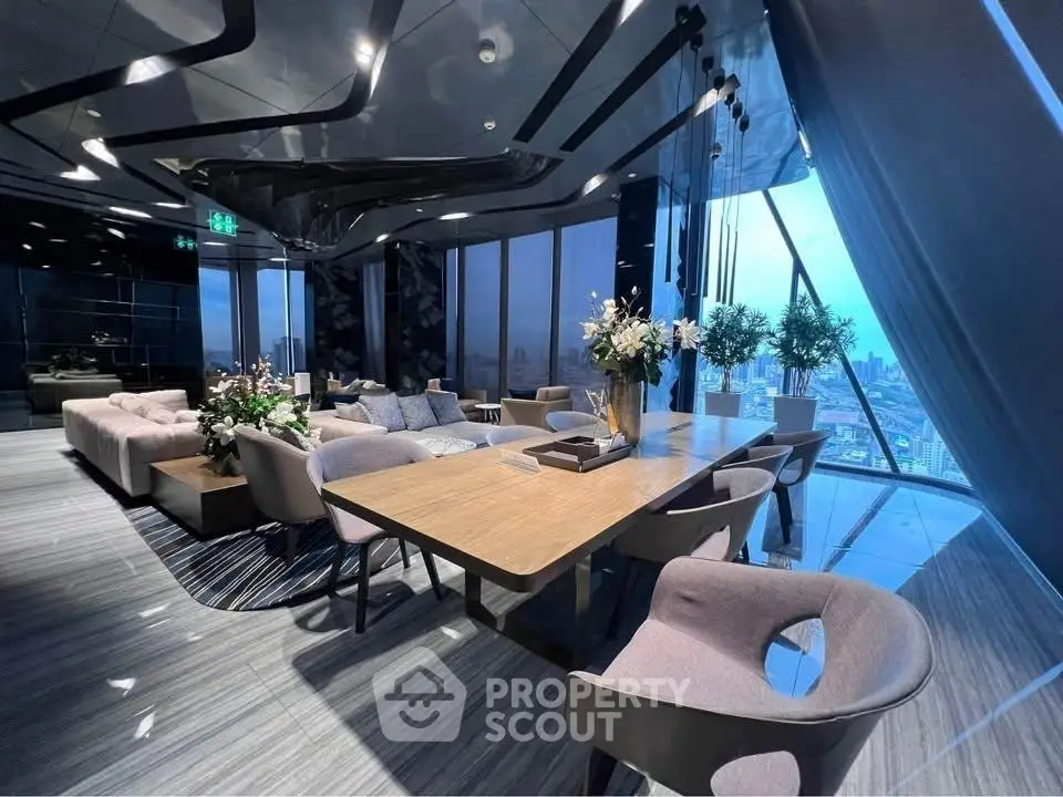Luxurious modern living room with panoramic city view and elegant decor