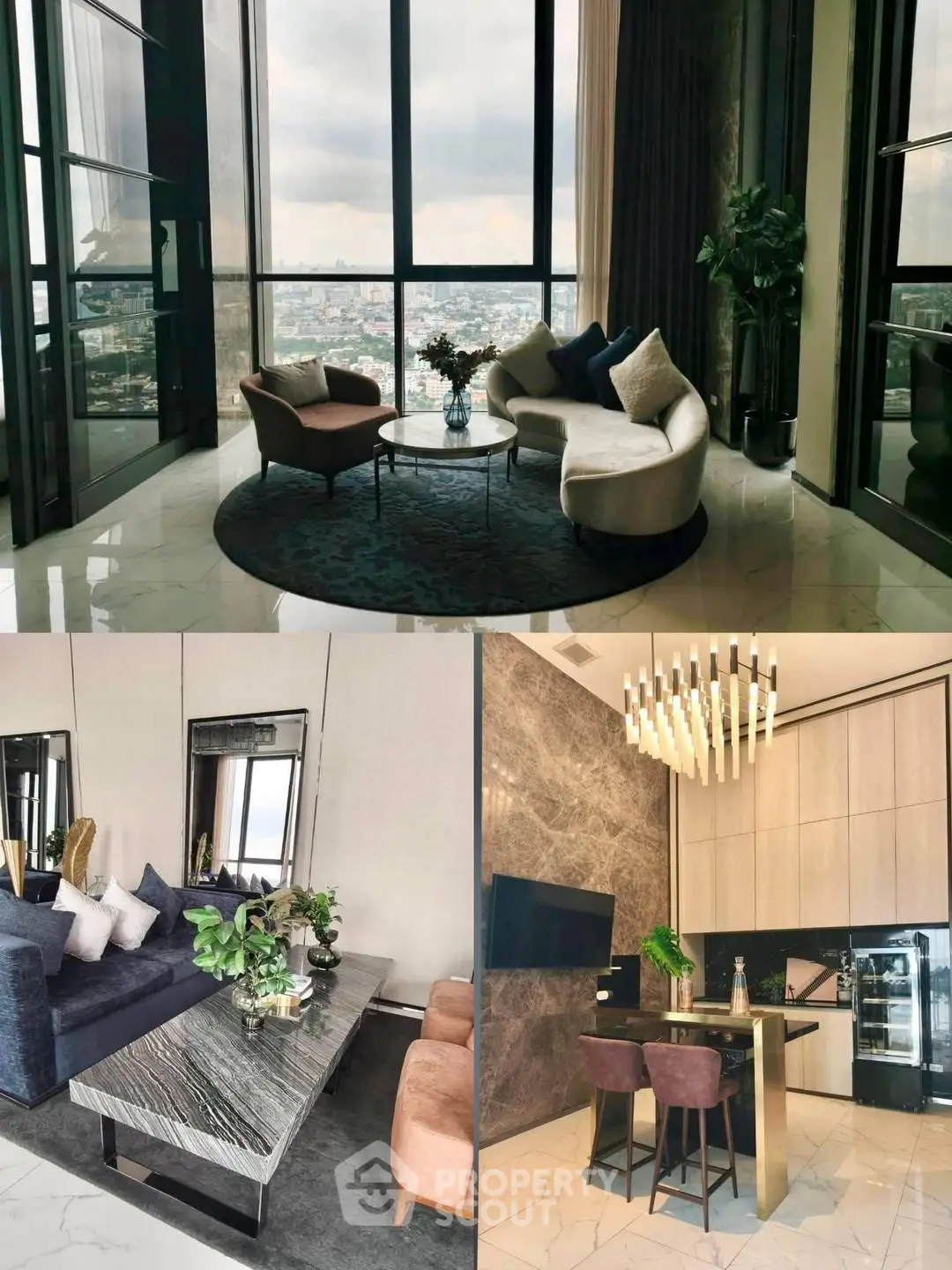 Luxurious high-rise apartment with stunning city views, elegant living room, and modern kitchen design.
