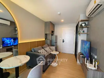 Modern living room with stylish decor and cozy seating area