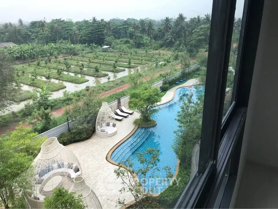 Luxurious poolside view from high-rise apartment overlooking lush greenery and modern outdoor seating.