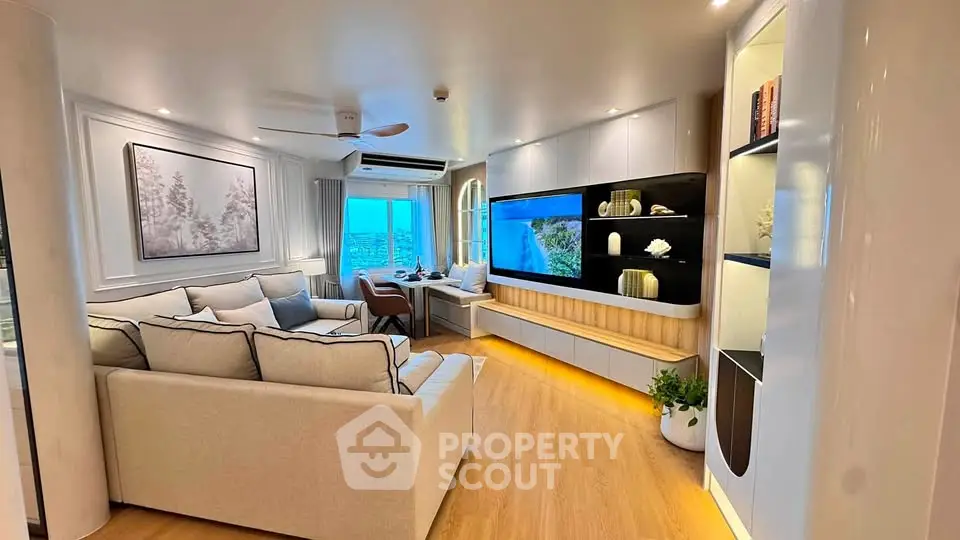 Luxurious modern living room with elegant decor and stunning city view