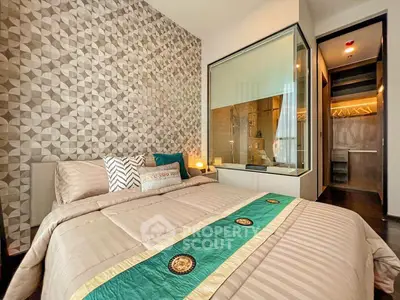 Luxurious bedroom with stylish decor and walk-in closet in modern apartment