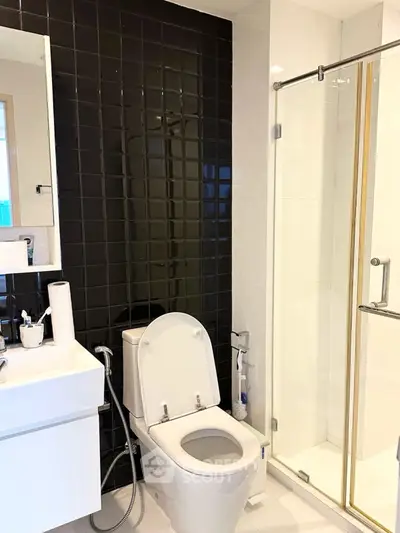 Modern bathroom with sleek black tiles and glass shower enclosure