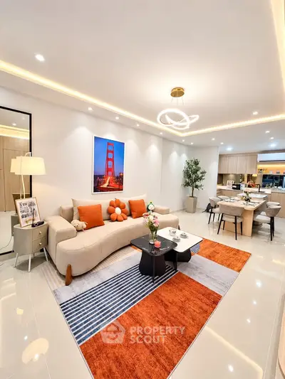 Modern living room with stylish decor and open layout, featuring elegant lighting and vibrant accents.