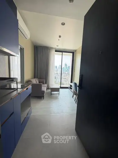 Modern apartment with open layout and city view from balcony