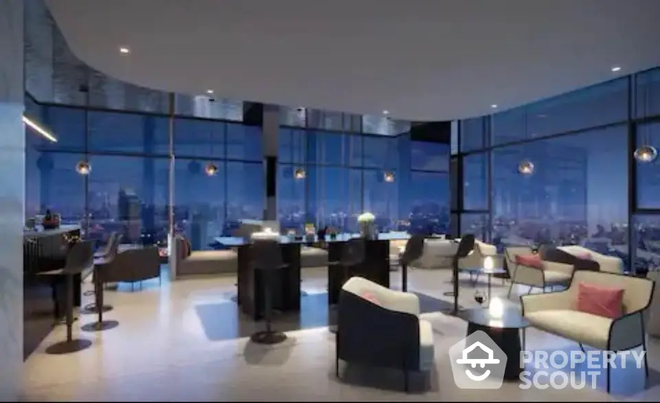 Luxurious modern living room with panoramic city view and elegant furnishings.