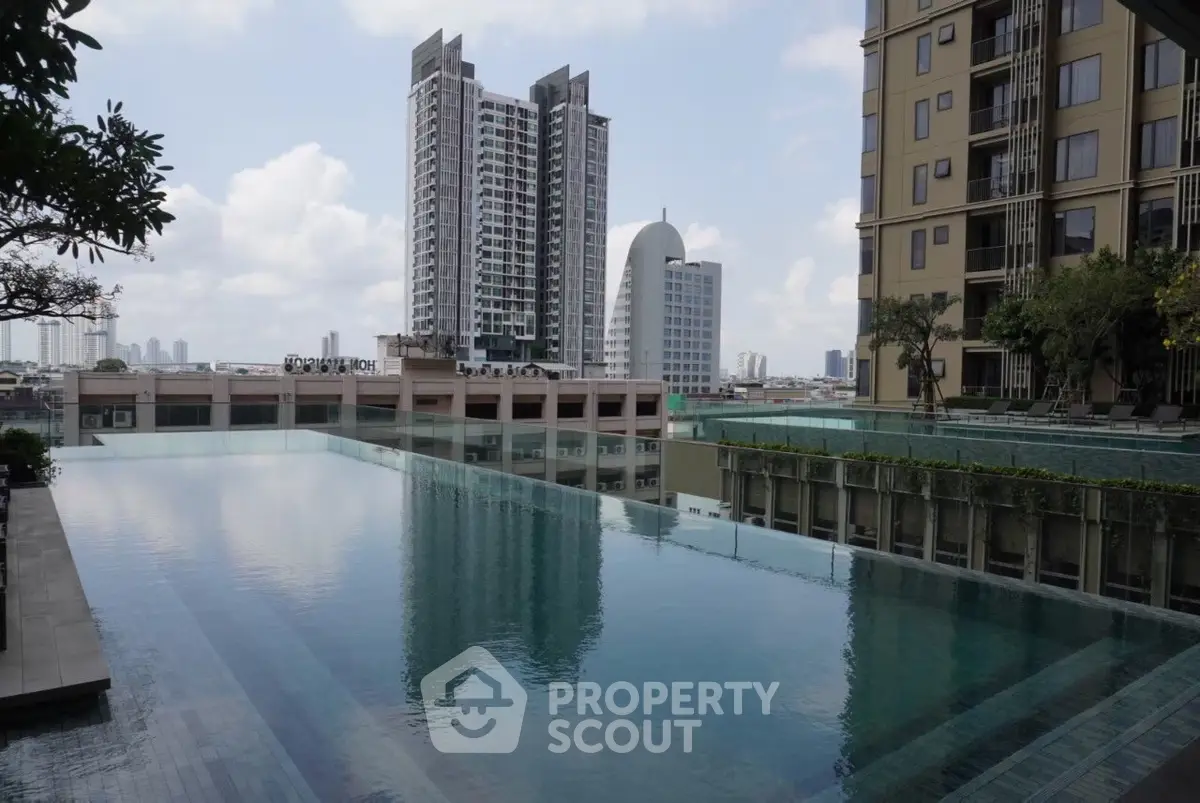 Luxurious urban apartment with stunning rooftop pool and city skyline views.