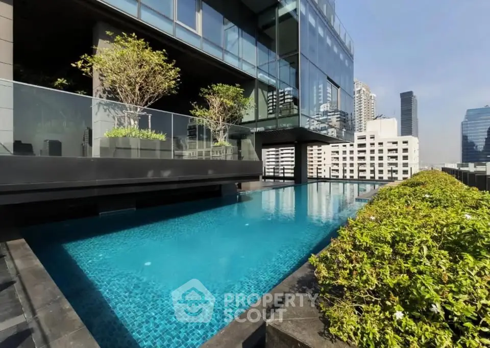 Luxurious rooftop pool with stunning city views in modern high-rise building.