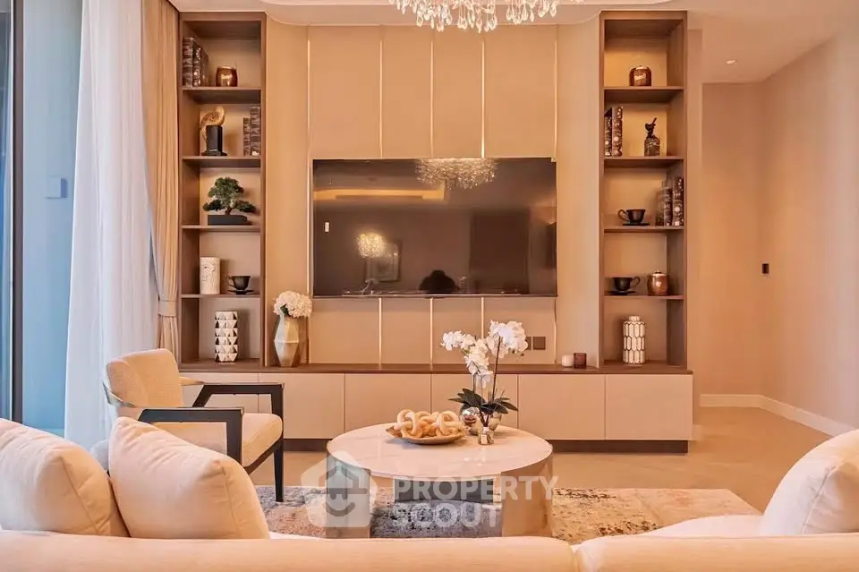 Luxurious modern living room with elegant decor and built-in shelving