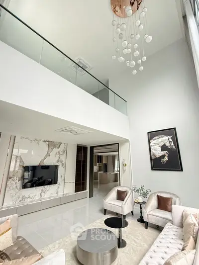 Luxurious modern living room with high ceiling and elegant decor