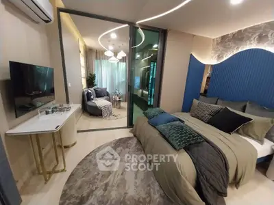 Luxurious modern bedroom with stylish decor and cozy seating area, perfect for relaxation.
