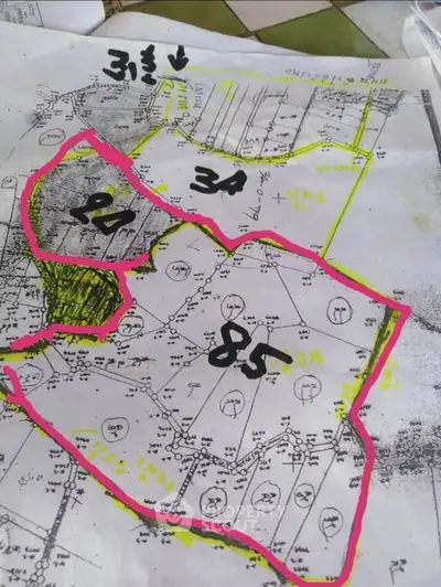 Detailed real estate plot map with highlighted boundaries and plot numbers.