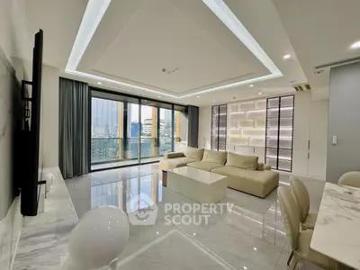 Luxurious modern living room with marble flooring and city view balcony