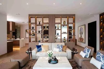 Luxurious modern living room with elegant decor and open layout