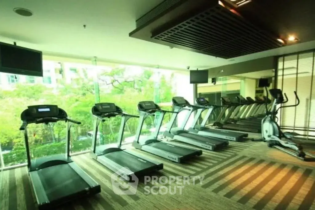 Modern gym with treadmills and large windows offering a scenic view, perfect for fitness enthusiasts.