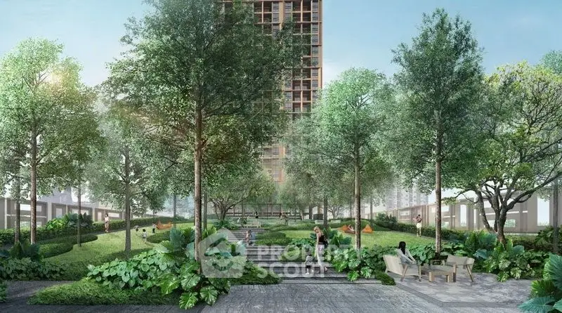 Luxurious garden view of modern residential building with lush greenery and outdoor seating area.