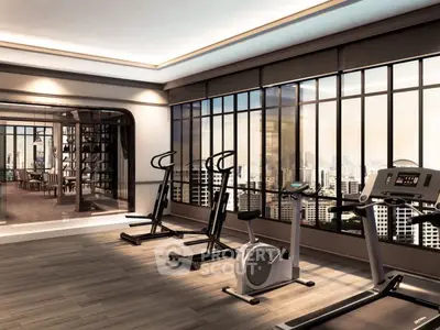 Luxurious gym with city view and modern exercise equipment in high-rise building.