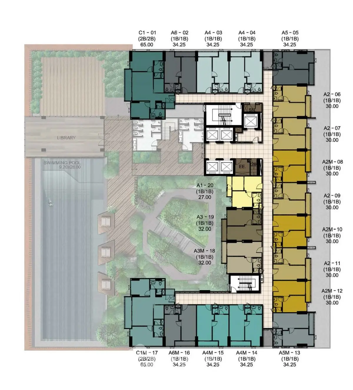 Detailed floor plan with swimming pool and library layout for modern residential complex.