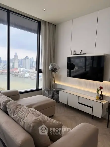 Luxurious living room with stunning city view and modern decor