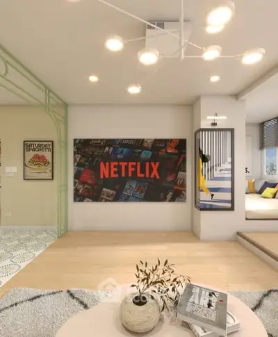 Modern living room with stylish decor and Netflix feature wall