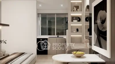 Modern studio apartment with sleek kitchen and cozy living area, featuring stylish decor and natural light.