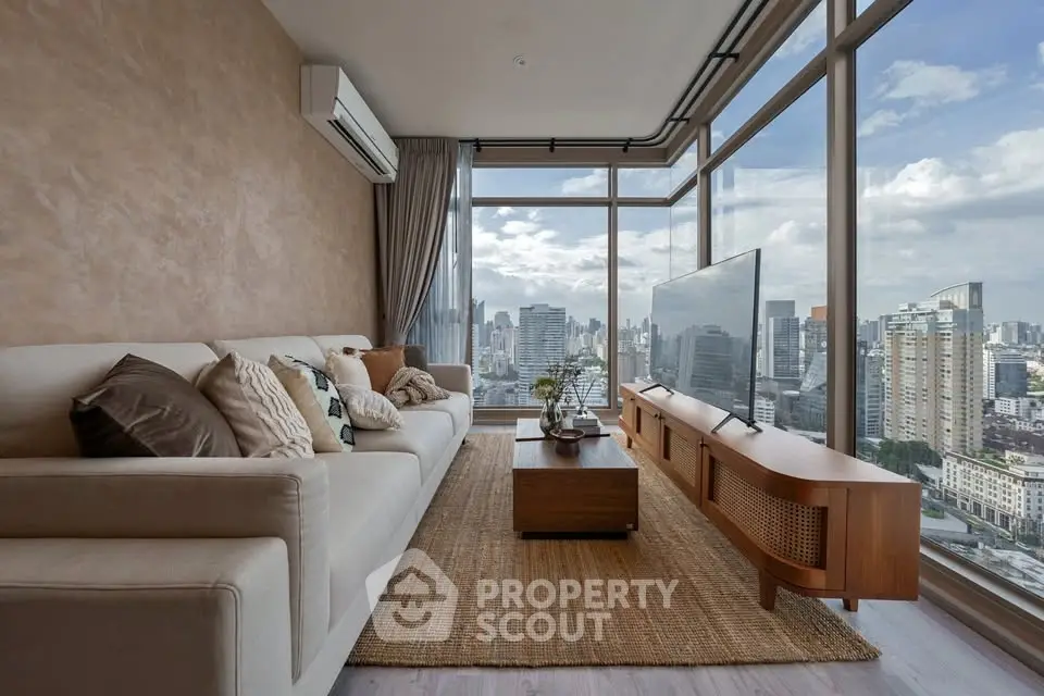 Luxurious living room with panoramic city view and modern decor