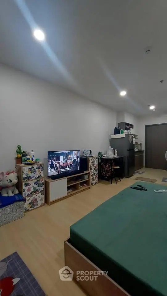Cozy modern living space with TV and kitchenette, perfect for urban living.