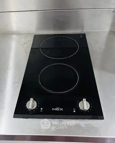 Modern kitchen with sleek electric stovetop and stainless steel backsplash.