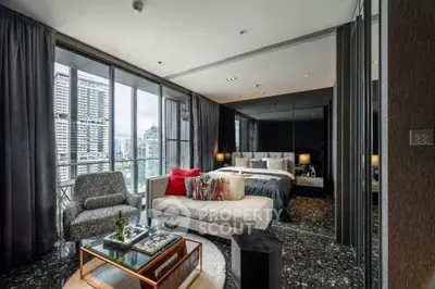 Luxurious modern bedroom with stunning city view and elegant decor