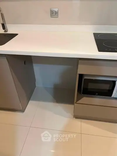 Modern kitchen with sleek cabinetry and built-in appliances, featuring an electric cooktop and microwave.