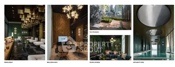 Luxurious real estate amenities including lobby, lounge, terrace, and indoor pool with modern design.