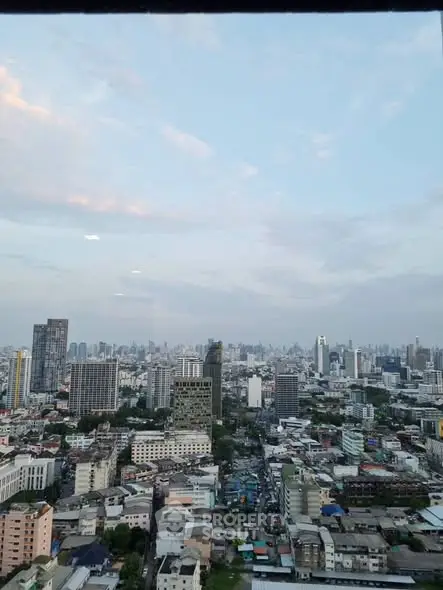 Stunning cityscape view from high-rise building showcasing urban skyline at dusk.