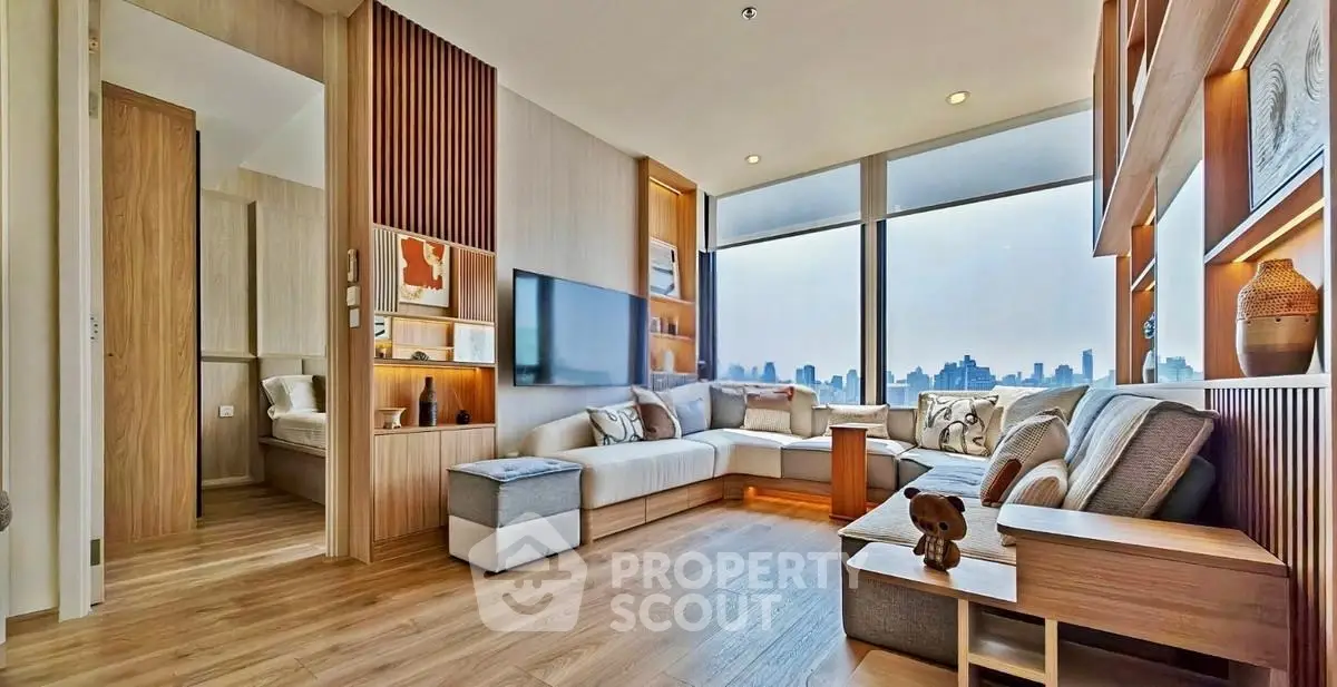 Luxurious modern living room with panoramic city views and elegant decor