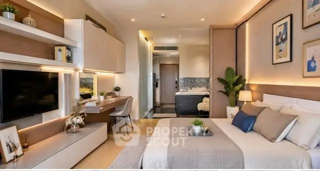 Luxurious modern bedroom with stylish decor and integrated workspace