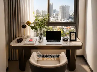 Stylish home office with city view, featuring modern desk and chair, perfect for productivity.