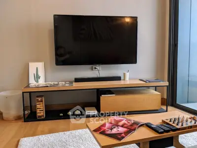 Modern living room with sleek TV setup and stylish decor