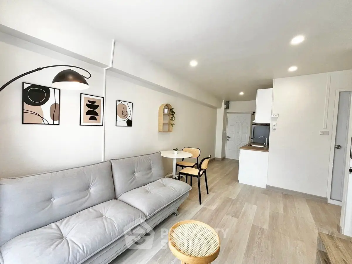 Modern living room with stylish decor and cozy seating area