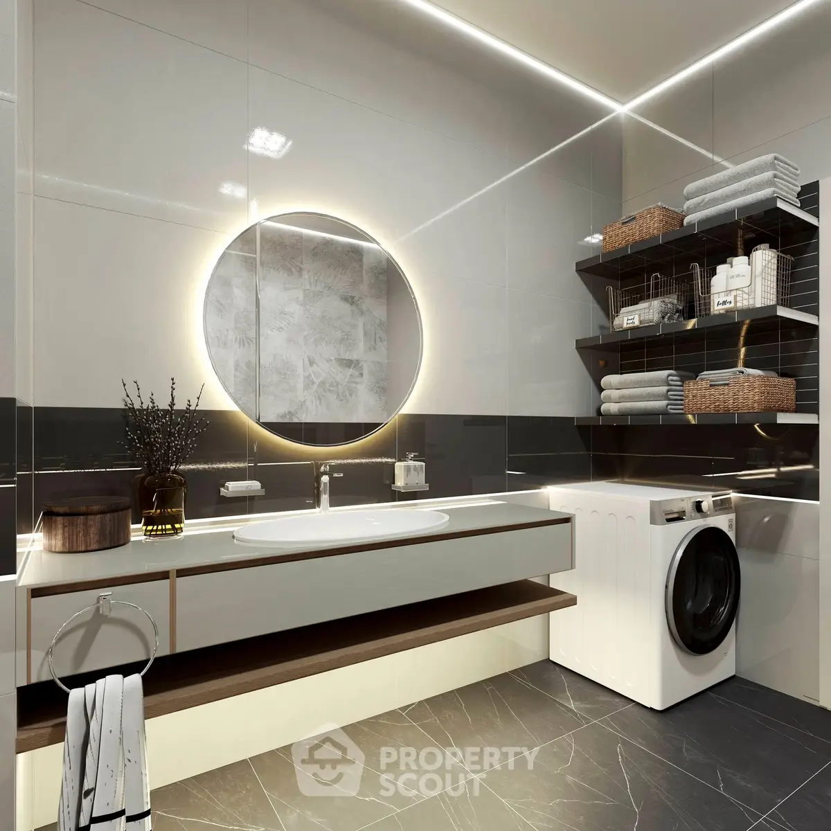 Luxurious modern bathroom with stylish lighting and washing machine