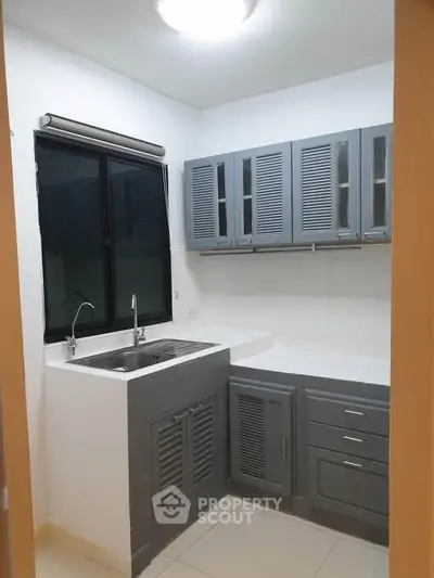 Modern kitchen with sleek gray cabinets and dual sink in compact layout