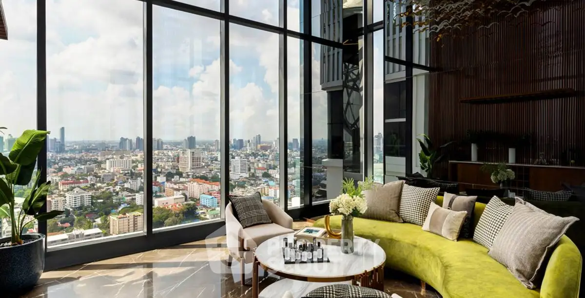 Luxurious living room with panoramic city view and stylish modern furniture.