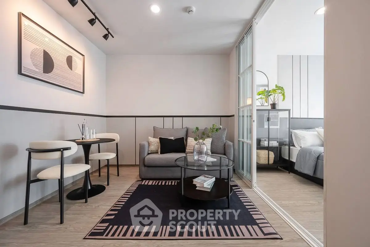 Modern living room with stylish decor and cozy seating area