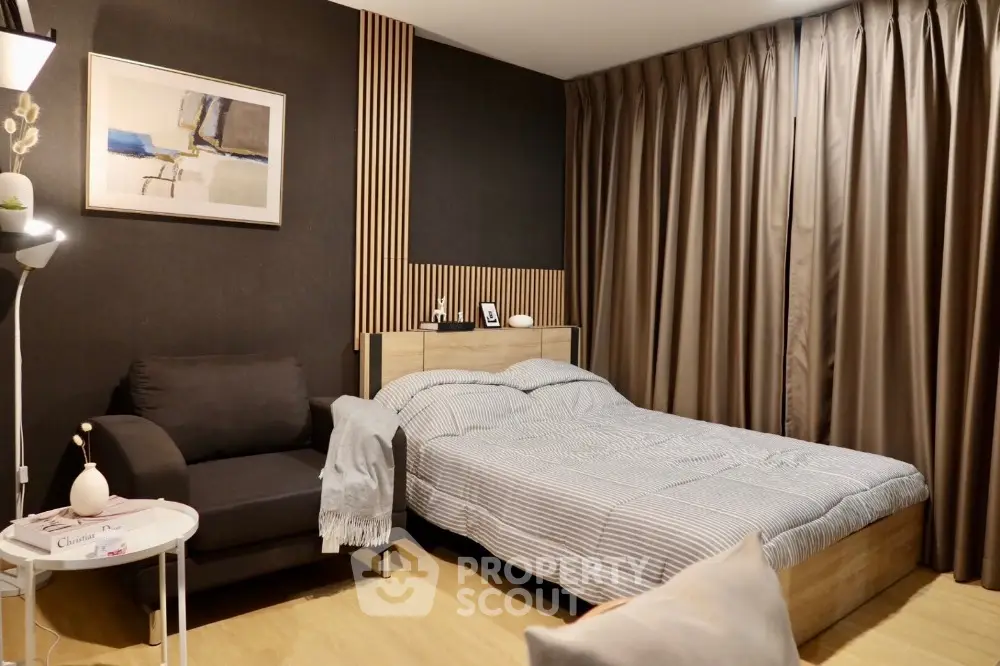 Cozy modern bedroom with stylish decor and comfortable furnishings